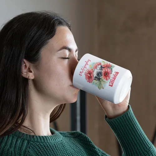 Miniatura 3 de Taza de café personalizada para fotógrafo, cámara con flores de gerbera, taza de té personalizada con nombre, regalo para amantes de la fotografía