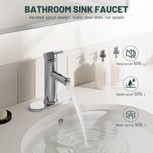 Miniatura 3 de Grifo mando de una sola pieza para fregadero de baño con desagüe desplegable sin desbordamiento Cromo