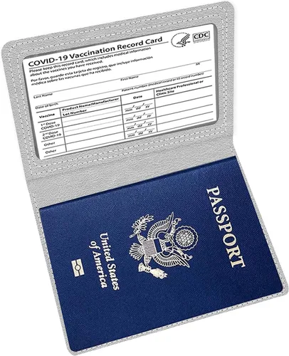 Miniatura 3 de Combo de soporte para pasaporte, pasaporte y tarjetero de vacunación, Gris plateado + azul marino, piel sintética