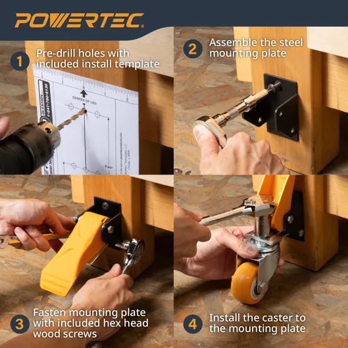 Miniatura 6 de POWERTEC Workbench Caster Kit Set of 4 with Quick Release Plate & 600 lbs Loads, 2-1/2 Inch Retractable Stepdown Caster Wheels for Workbenches