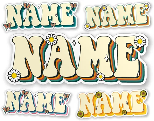 Adhesivo retro con nombre personalizado, calcomanías personalizadas con nombre, hippie vintage, lindo troquelado impermeable para laptop, botella de