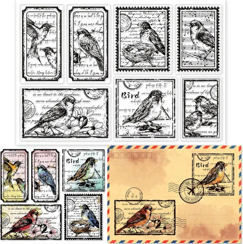GLOBLELAND Sellos Transparentes de Texto Vintage de Flores y Pájaros para Álbumes de Recortes Texto Emocional Sellos Transparentes Estilo de Viaje