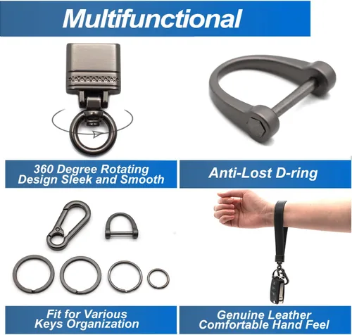 Miniatura 4 de Llavero de cuero genuino para hombre y mujer, giratorio de 360 grados, con anillo en D antipérdida, clip de mosquetón y 4 llaveros, oscuro y negro
