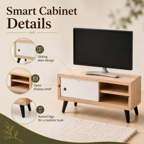 Miniatura 3 de NUOBESTY Mueble de TV y madera para casa de muñecas, monitor de juguete realista a escala 1/12, soporte de TV en miniatura moderno para casa