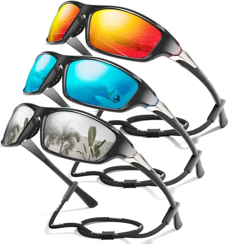 Miniatura 11 de Paquete de 3 lentes de sol deportivos polarizados para hombres, gafas de sol masculinas envolventes con protección UV para ciclismo, pesca