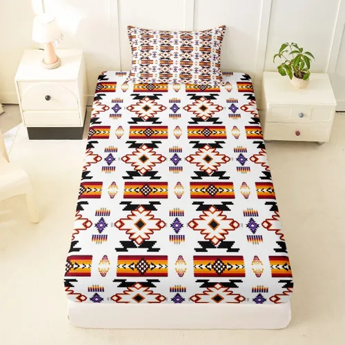 Miniatura 28 de Juego de ropa de cama occidental tamaño individual, sábanas aztecas, estilo nórdico exótico, bohemio, sábana bajera ajustable de tribu india