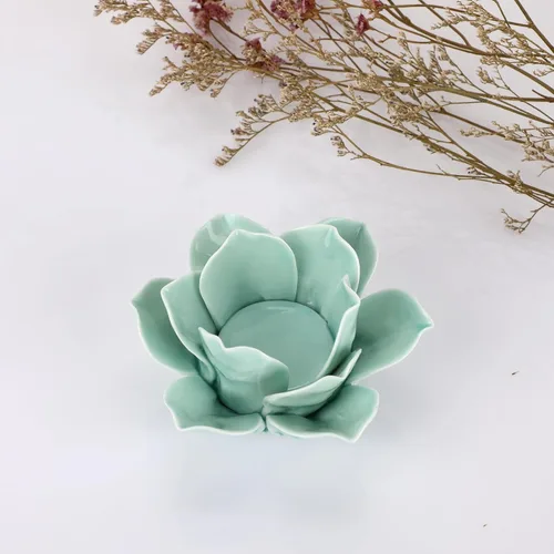 Miniatura 6 de OwnMy Portavelas de cerámica verde de flor de loto de 4.5 pulgadas para velas de té, portavelas de pétalo de loto para velas de té, soporte de vela