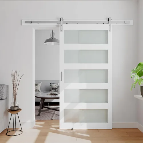 Miniatura 15 de Puerta corrediza de granero de vidrio de 5 paneles de 42 x 84 pulgadas con kit de herrajes de 7 pies incluido, fácil montaje con agujeros Blanco