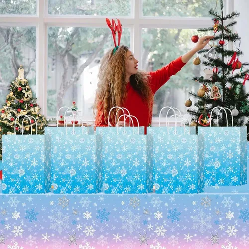 Miniatura 4 de HongXingHai Bolsas de regalo de Navidad con asas, paquete de 16 bolsas de papel kraft con diseño de copo de nieve, bolsas reutilizables para fiestas