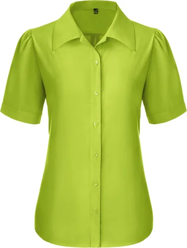 Miniatura 20 de Gleeivy Camisas de botones para mujer de manga corta abombada, camisas de vestir abotonadas con cuello ajustado, blusa superior de trabajo