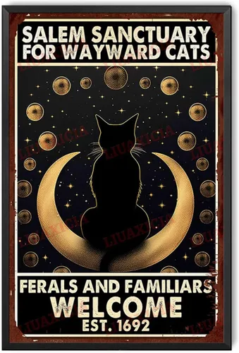 Miniatura 10 de Letrero de metal de hojalata Salem Sanctuary para gatos Wayward Ferals and Familiars, letrero de metal de hojalata para hombre, decoración de pub, 8