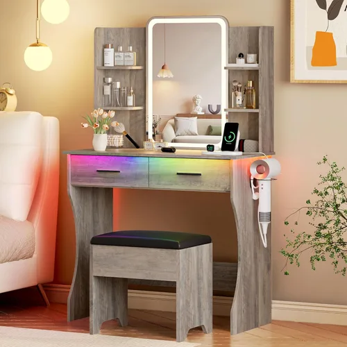 Miniatura 16 de Escritorio de tocador con espejo con luces LED y toma de corriente, pequeño juego de mesa de tocador de maquillaje con cajones de almacenamiento