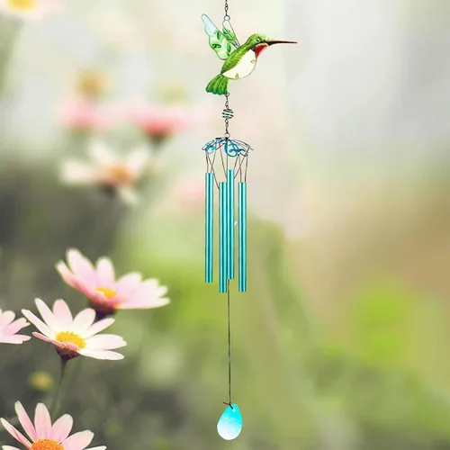 Miniatura 6 de Campanas de viento de colibrí verde, campanillas de viento para exteriores, campanillas románticas móviles pintadas de vidrio de 26 pulgadas, patio
