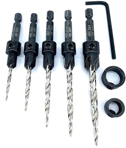 Miniatura 7 de FTG USA Juego de brocas avellanadoras de madera ajustable, 5 piezas, broca avellanadora #4 #6 #8 #10 #12 con broca cónica para carpintería
