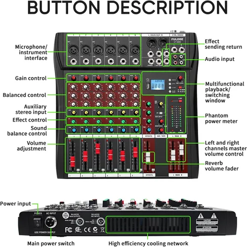 Miniatura 8 de FULUODE - Consola de Mezcla de Audio de 6 Canales, Mezclador de Música Profesional CT-60S, Tablero de Mezcla DJ con Reverb, Reproductor Bluetooth