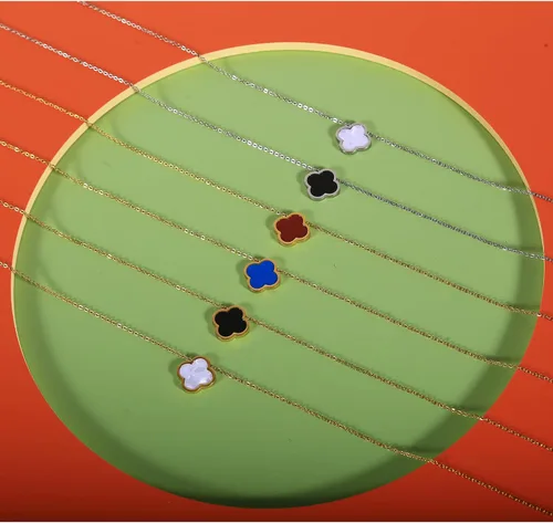 Miniatura 6 de Collar único de trébol de cuatro hojas para mujeres y niñas, colgante de trébol de la suerte blanco, negro, azul, rojo, chapado en oro de 18