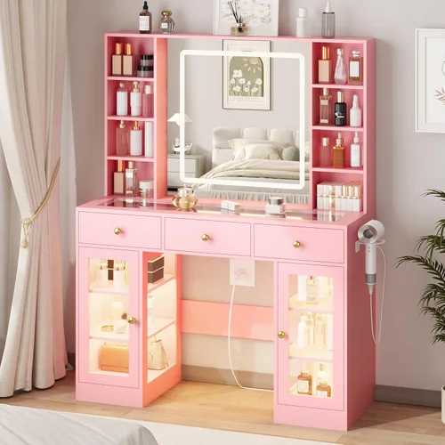 Miniatura 13 de HUANLEGO Tocador Negro con Espejo y Luces, Tocador con Superficie de Cristal con Espejo Iluminado y Gabinete de Vidrio RGB y 3 Cajones, Tocador