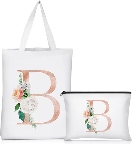 Miniatura 10 de Sanwuta 2 bolsas de lona con inicial, diseño floral con letras florales, bolsas de cosméticos de viaje, bolsas con monograma para mujer, mujer