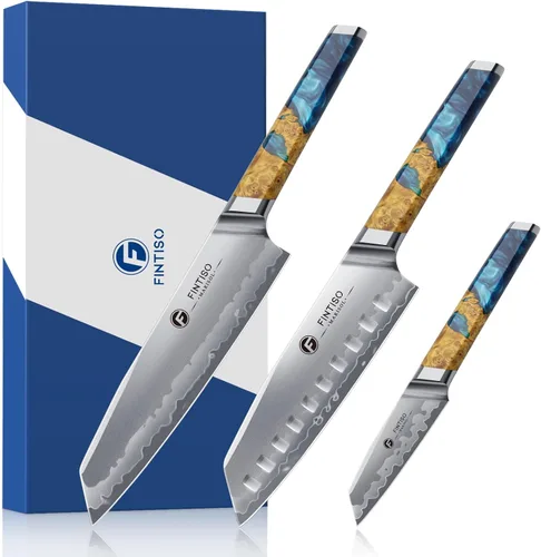 Juego de cuchillos de cocina de 3 piezas, juego de cuchillos de chef japoneses con núcleo de acero en polvo S35VN, mango de resina y madera, juego
