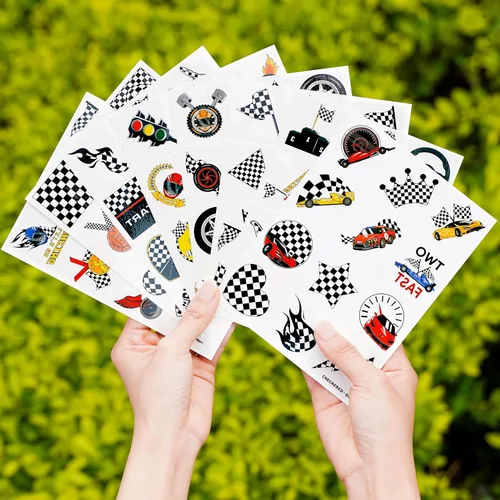 Miniatura 6 de 96 tatuajes temporales de bandera a cuadros para niños, recuerdos de fiesta de autos de carreras y decoraciones de cumpleaños, calcomanías falsas