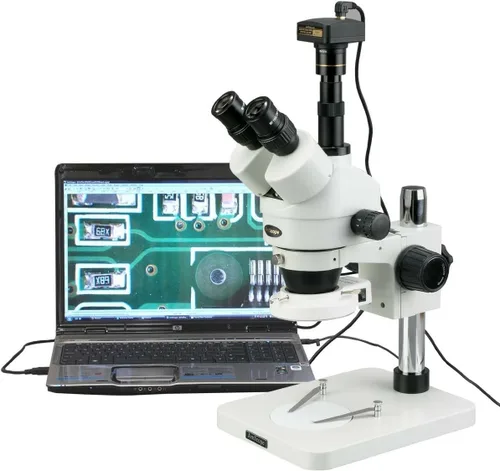 AmScope SM-1TSZZ-144S-10M Microscopio Digital Profesional Trinocular Estéreo Zoom, WH10x y WH20x, Aumento 3.5X-180X, Objetivo de zoom 0.7X-4.5X,
