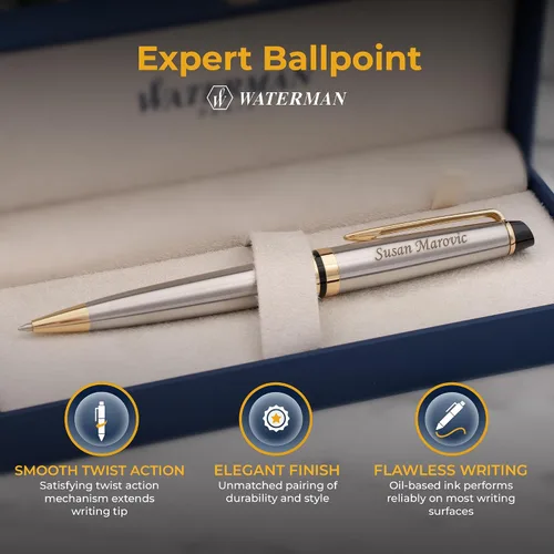 Miniatura 4 de Waterman Bolígrafo Expert, acero inoxidable cepillado con borde dorado, grabado láser personalizado, tinta negra, caja de regalo oficial de WATERMAN