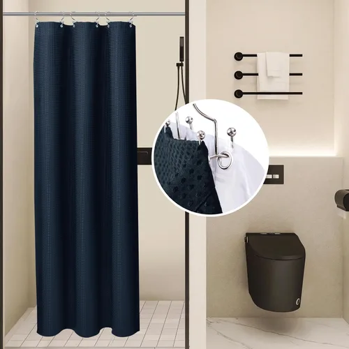 Miniatura 12 de LaCyan Cortina de ducha impermeable de punto gofre, juego de 3 piezas resistente de 258 GSM con forro transparente y 12 ganchos de acero inoxidable