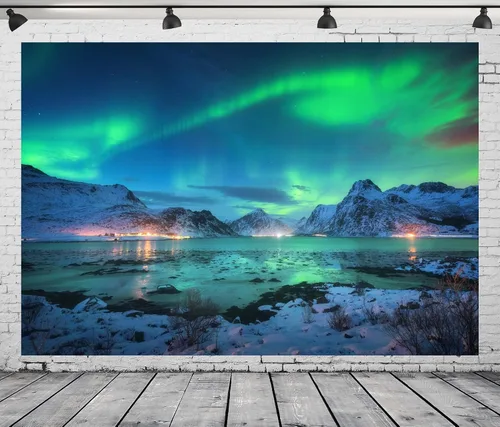 Miniatura 2 de BELECO Telón de fondo de tela de 5 x 3 pies con diseño de aurora boreal, cielo nocturno, montañas cubiertas de nieve, paisaje de lago, cielo