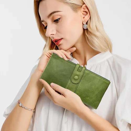 Miniatura 6 de Roulens Cartera para mujer de gran capacidad de cuero genuino plegable con bloqueo RFID tarjetero con bolsillo con cremallera