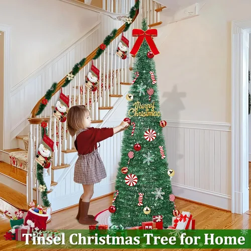 Miniatura 5 de [Temporizador] Árbol de Navidad desplegable de 6 pies, árbol de Navidad plegable verde con 50 luces coloridas, 16 caramelos, 10 bolas, 4 copos