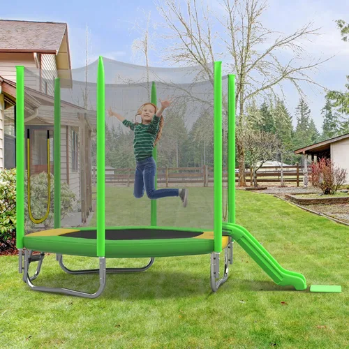 Merax - Trampolín para niños de 7 pies con red de seguridad, tobogán y escalera, fácil de montar, redondo, para recreación al aire libre Verde