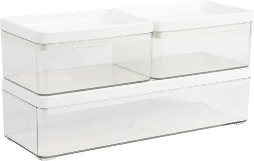 Martha Stewart Grady - Cajas de almacenamiento apilables de plástico transparente con tapas de plástico blanco, juego de 3 Tapa de plástico