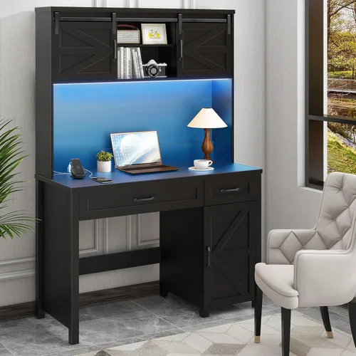 Miniatura 10 de Vabches Farmhouse - Escritorio ejecutivo de 47 pulgadas, escritorio para computadora con 2 cajones, armario de almacenamiento y luz LED, cubo