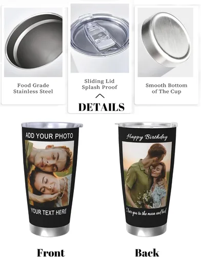 Miniatura 2 de Vaso personalizado con 2 fotos, nombre de texto, vaso de fotos personalizado de acero inoxidable, taza de viaje para café, taza de 20 onzas, regalo
