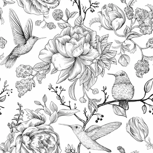 Papel tapiz floral vintage para despegar y pegar, flores blancas y negras, colibríes, mariposas, extraíble, 17.7 x 236.2 pulgadas Negro/Blanco