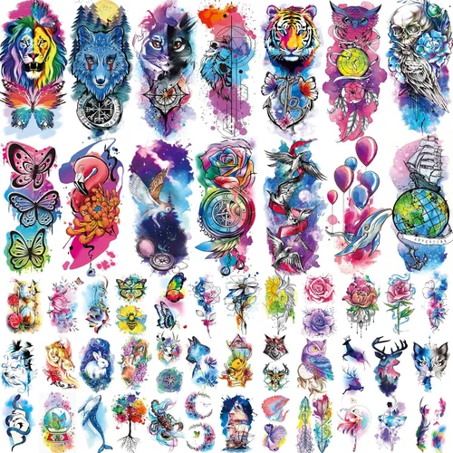 JEEFONNA 86 hojas de tatuajes temporales, 14 hojas grandes de medio brazo de tatuajes falsos de flores, gato, búho y león, 72 hojas pequeñas de