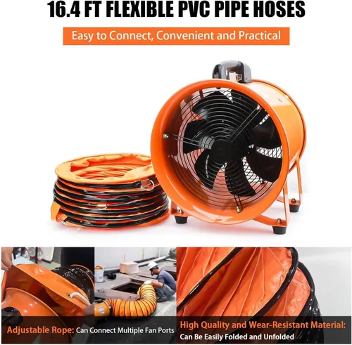 Miniatura 5 de Ventilador portátil de alta velocidad de 10 pulgadas, ventilador de escape industrial con manguera de conducto flexible de 16.4 pies, ventilador