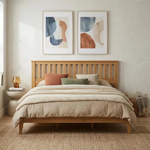 Miniatura 6 de ComfIQ Cama de plataforma de madera maciza con listones de madera, marco duradero, no requiere somier, amplio almacenamiento debajo de la cama, Pino