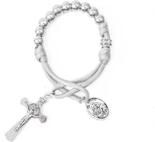 Miniatura 11 de Pulsera de oración de paracord militar fuerte de una década de Nazareth Store, cuentas plateadas, medalla de San José y cruz de San Benito
