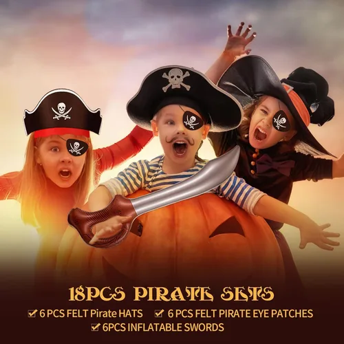 Miniatura 4 de Charniol Juego de fiesta pirata de fieltro, sombreros de pirata, parches para ojos de pirata, espadas inflables, carnaval, suministros de fiesta