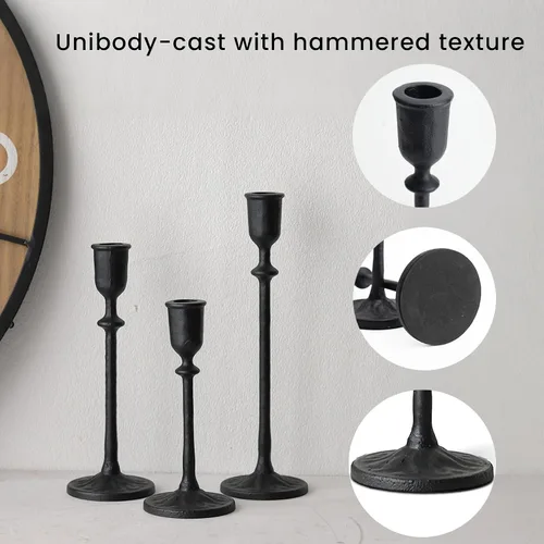 Miniatura 3 de BANOMII Juego de 3 candelabros antiguos, portavelas cónicos de hierro fundido para centro de mesa de comedor, decoración de mantel de chimenea, Negro