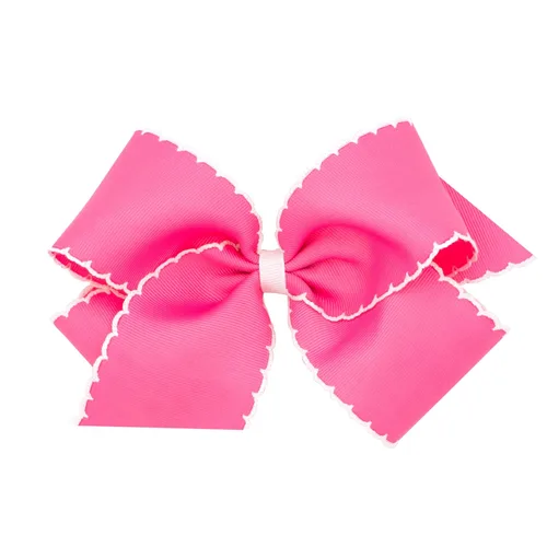Miniatura 14 de Wee Ones - Lazo clásico de grogrén con borde de puntadas lunares para niñas, con clip para cabello WeeStay, borde en contraste, King, blanco