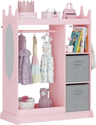 UTEX Armario guardarropa para niños con espejo y contenedor de almacenamiento, rosa, 33.4 pulgadas de ancho x 15.75 pulgadas de profundidad x 44.5