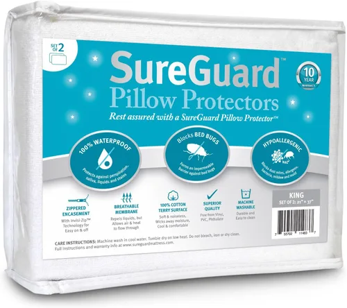 Miniatura 12 de SureGuard juego de 2 protectores de almohada, 100% impermeables, a prueba de insectos, hipoalergénicos, fundas premium de algodón rizado