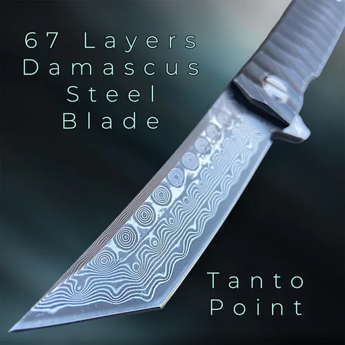 Miniatura 3 de Cuchillo plegable de bolsillo de Damasco, mango de titanio sólido Tc4, hoja Tanto de acero Damasco VG10 multicapa de 67 capas (Saint DXT)