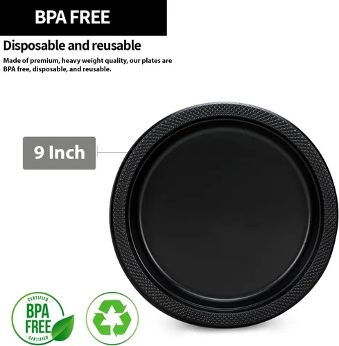 Miniatura 2 de Platos de plástico negro de 9 pulgadas, 50 unidades, platos redondos de plástico sólido para fiestas, bodas, barbacoas, platos de cumpleaños, platos
