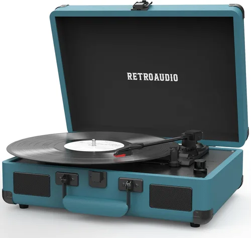 Reproductor de Discos de Vinilo de 3 Velocidades Bluetooth Portátil Estilo Maleta Accionado por Correa con 2 Altavoces Estéreo Incorporados