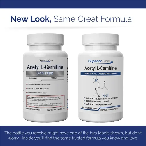 Miniatura 8 de Superior Labs Acetil L-carnitina 500 mg, ALCAR de alta potencia, puro sin OMG, cero aditivos sintéticos, máxima absorción, metabolismo de energía