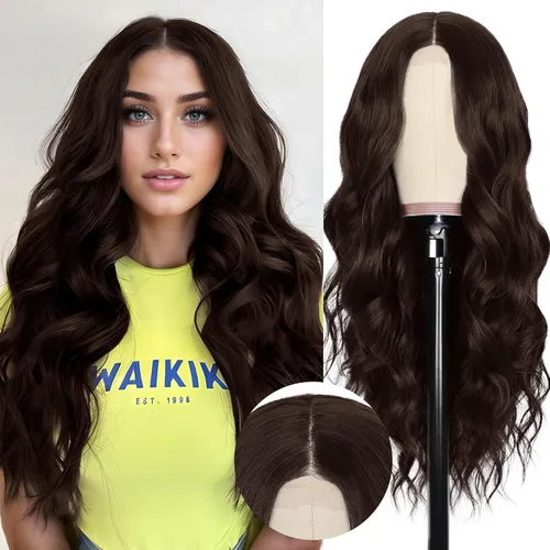 Miniatura 19 de NAYOO Pelucas marrones con flequillo para mujer, pelucas de cabello largo y ondulado, resistentes al calor, pelucas de fibra sintética para uso
