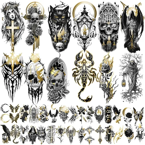 Miniatura 12 de 77 hojas de tatuajes temporales geométricos de animales, 17 hojas de medio brazo 3D de leones, zorro, lobo, búho, tigre, tatuajes falsos